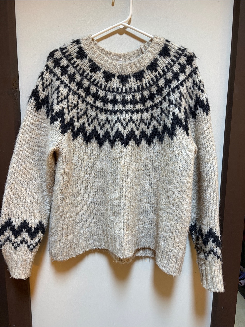 Uniqlo Natural and Black Nordic-Yoke Crewneck Sweater